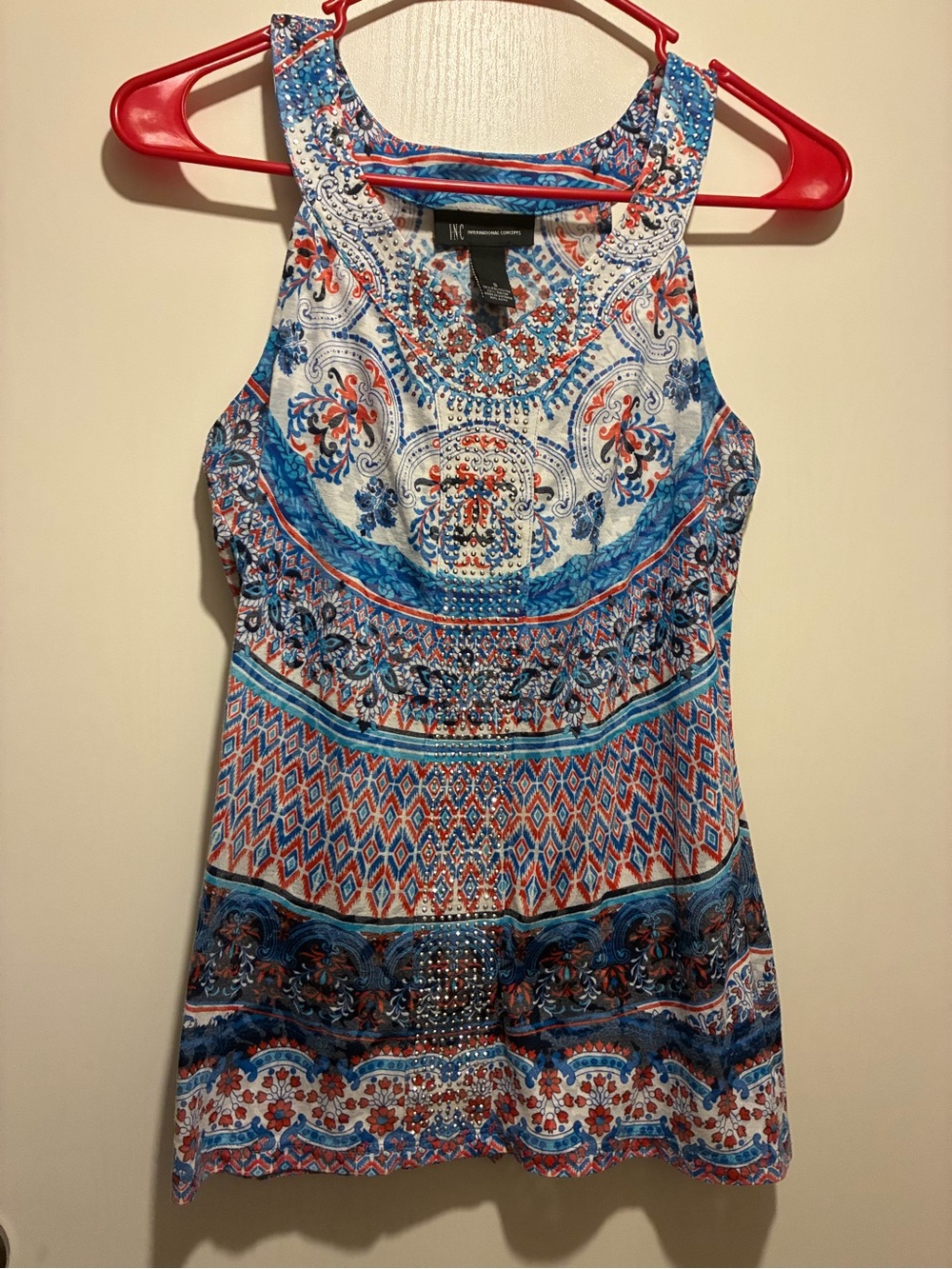 INC International Concepts Blue and Orange Printed Scoop-Neck Tank